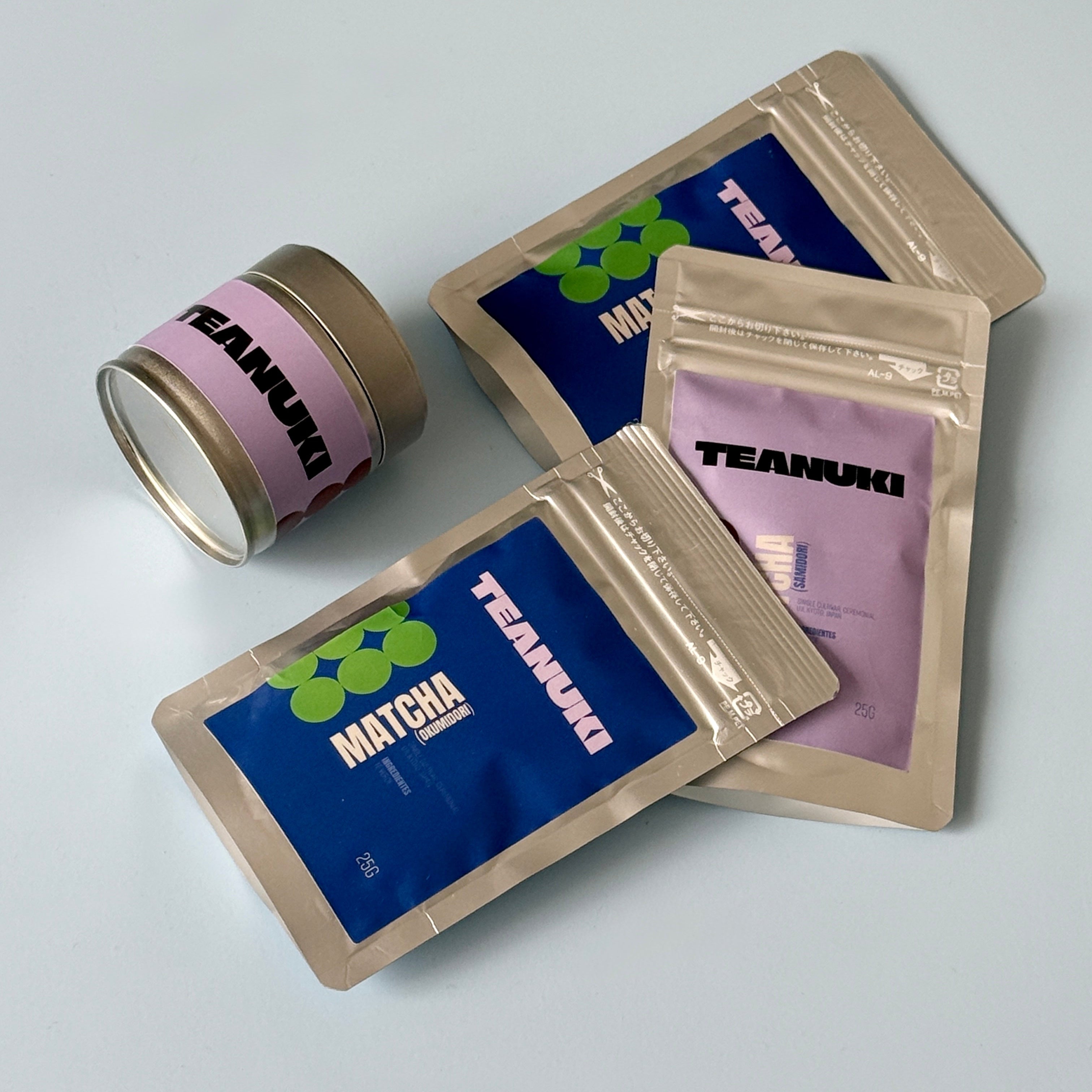 Teanuki matcha packaging on a light blue background
